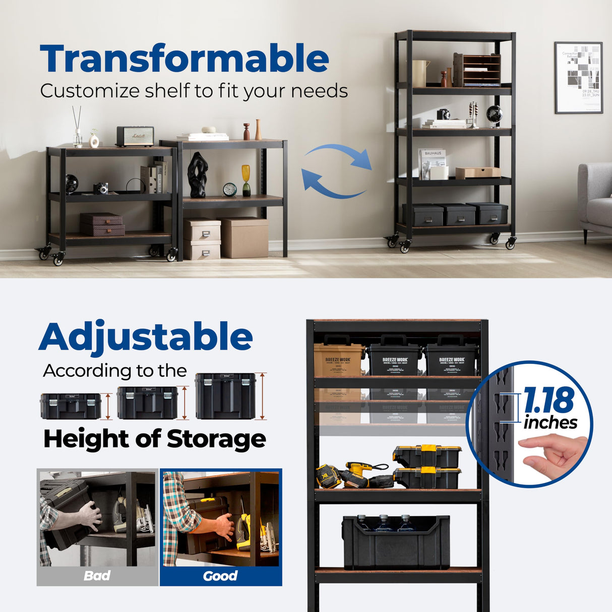 HOMEDANT House 5-Tier Metal Boltless Rolling Cart Shelf Rack Casters Heavy Duty Laminated Wheel Shelving Unit Adjustable Storage Shelves Organizer Kitchen Garage 36.2" W x 16.5" D x 69.5" H 1Pack HOMEDANT