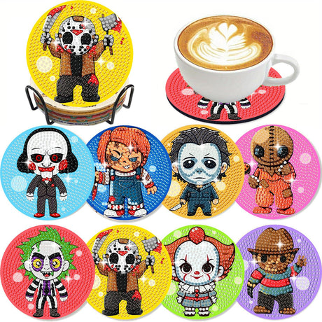 8 PCS Halloween Diamond Art Coasters Kit-Horror Diamond Painting Coasters Kits with Holder for Beginners,Crafts Kits for DIY Coaster for Adults as Gift Home Decors Arttoplus
