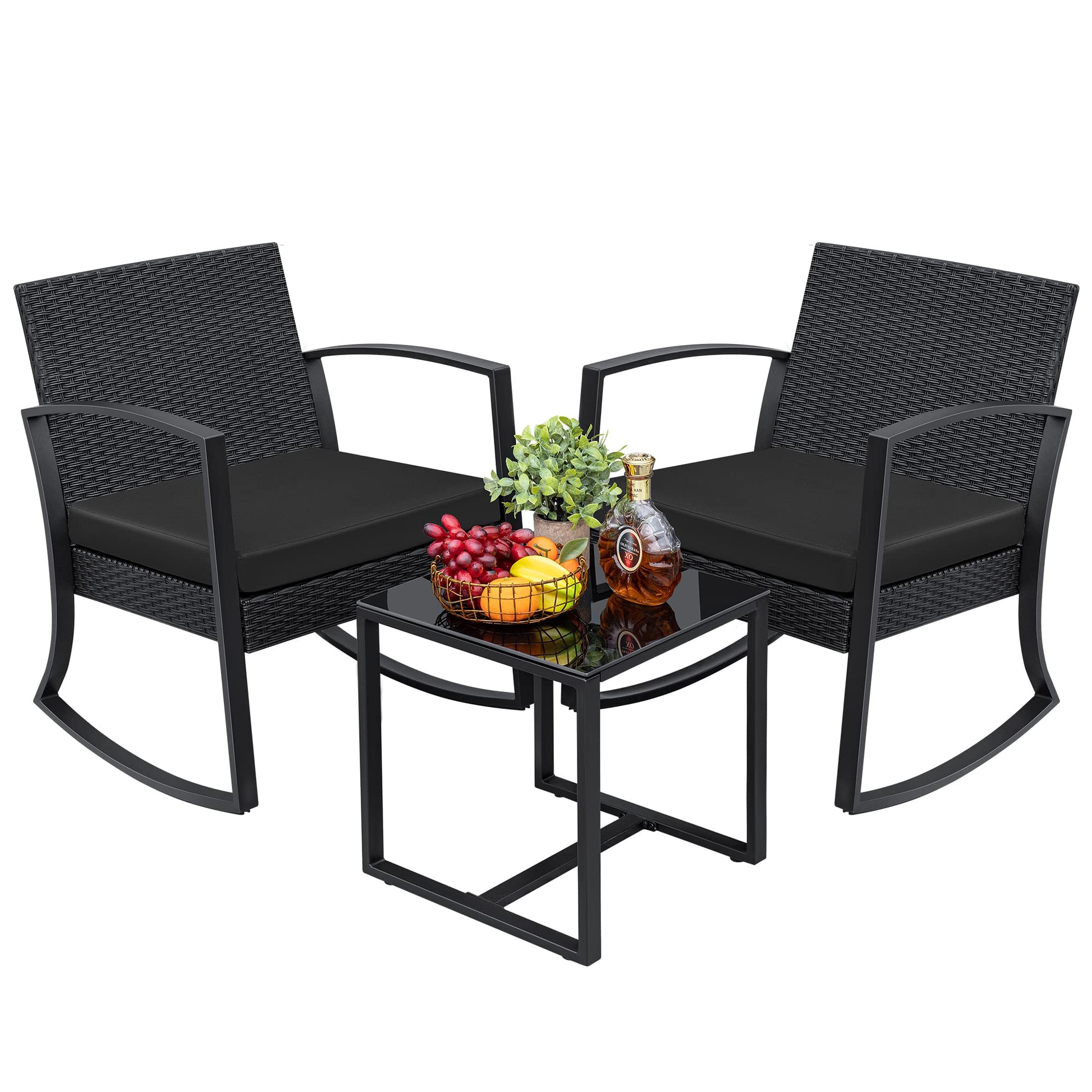 Greesum 3 Pieces Outdoor Furniture Set Patio Bistro Rocking Chairs with Glass Coffee Table for Pool Beach Backyard Balcony Porch Deck Garden, Black - WoodArtSupply