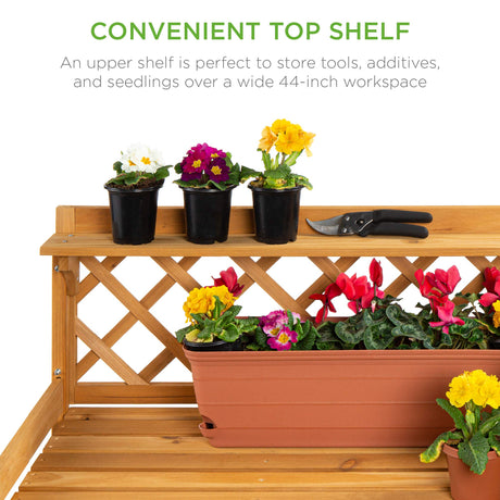 Best Choice Products Outdoor Garden Potting Bench, Wooden Workstation Table w/Cabinet Drawer, Open Shelf, Lower Storage, Lattice Back - Natural Best Choice Products