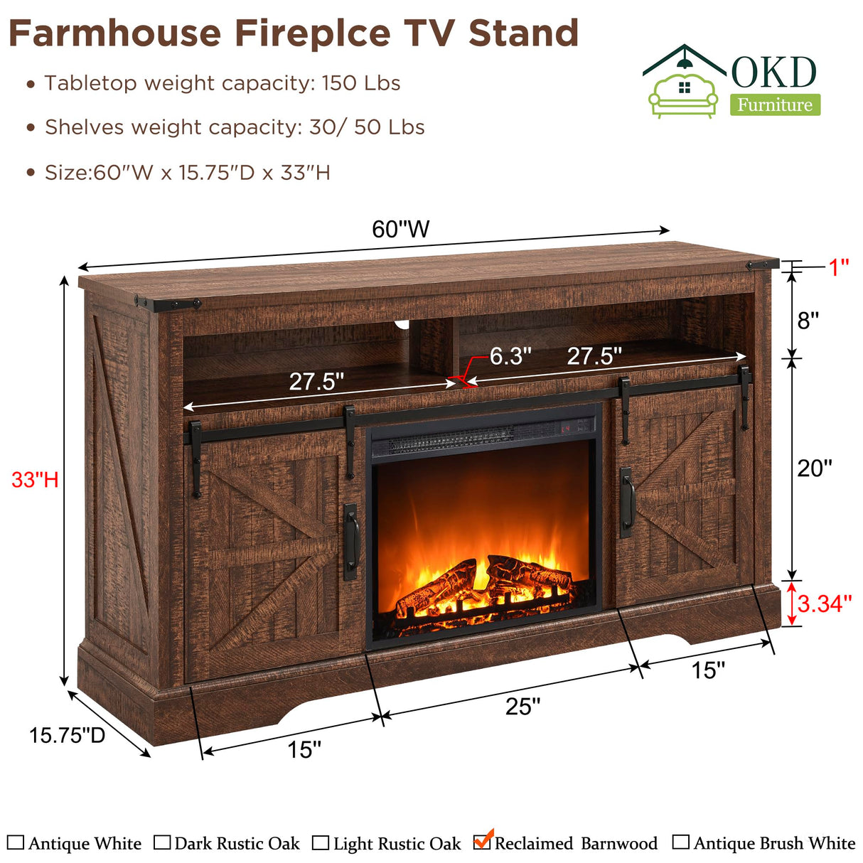 OKD Fireplace TV Stand for 65+ Inch TV, 33" Tall Highboy Farmhouse Entertainment Center w/ 23'' Electric Fireplace, Rustic Media Console w/Sliding Barn Door for Living Room, Reclaimed Barnwood Color OKD