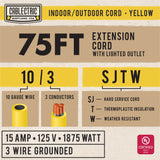 Cablectric 75 Ft Outdoor Extension Cord - 10/3 SJTW Heavy Duty Yellow 10 Gauge Lighted Electrical Cable with 3 Prong Grounded Plug Cablectric