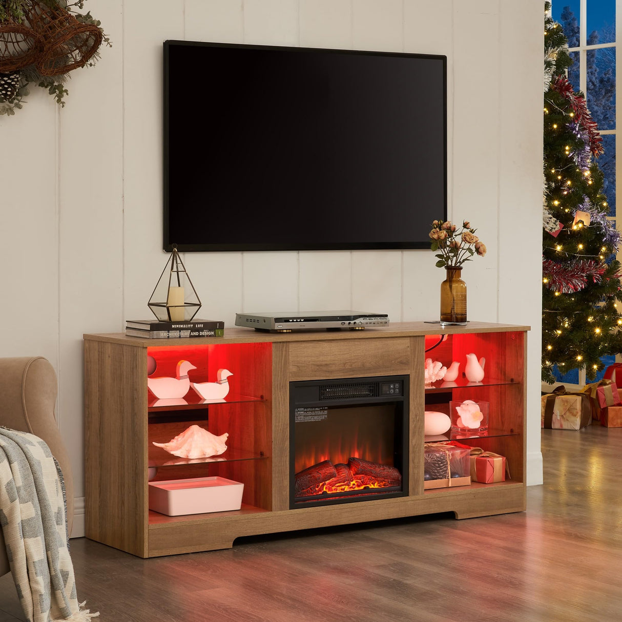 Eyisean LED-Lighted Electric Fireplace TV Stand with 18" Fireplace Insert - Modern Entertainment Center for TVs up to 65", Rack for Living Room and Bedroom (Oak) Eyisean