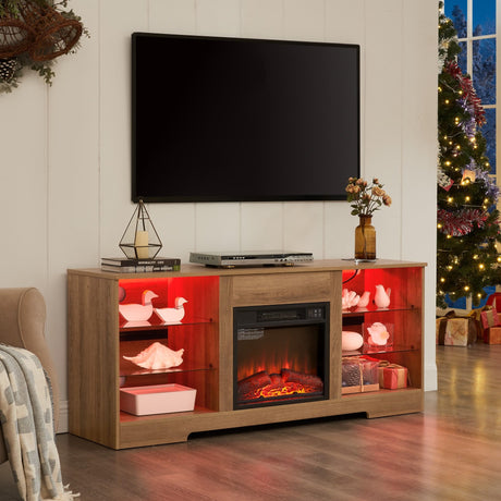 Eyisean LED-Lighted Electric Fireplace TV Stand with 18" Fireplace Insert - Modern Entertainment Center for TVs up to 65", Rack for Living Room and Bedroom (Oak) Eyisean