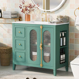 LUMISOL 36 Inch Bathroom Vanity with Sink, Free Standing Bathroom Sink Cabinet with 3 Drawers, 2 Glass Door & Side Storage, Vintage Bathroom Vanities with Ceramic Sink, Solid Wood Frame, Green LUMISOL