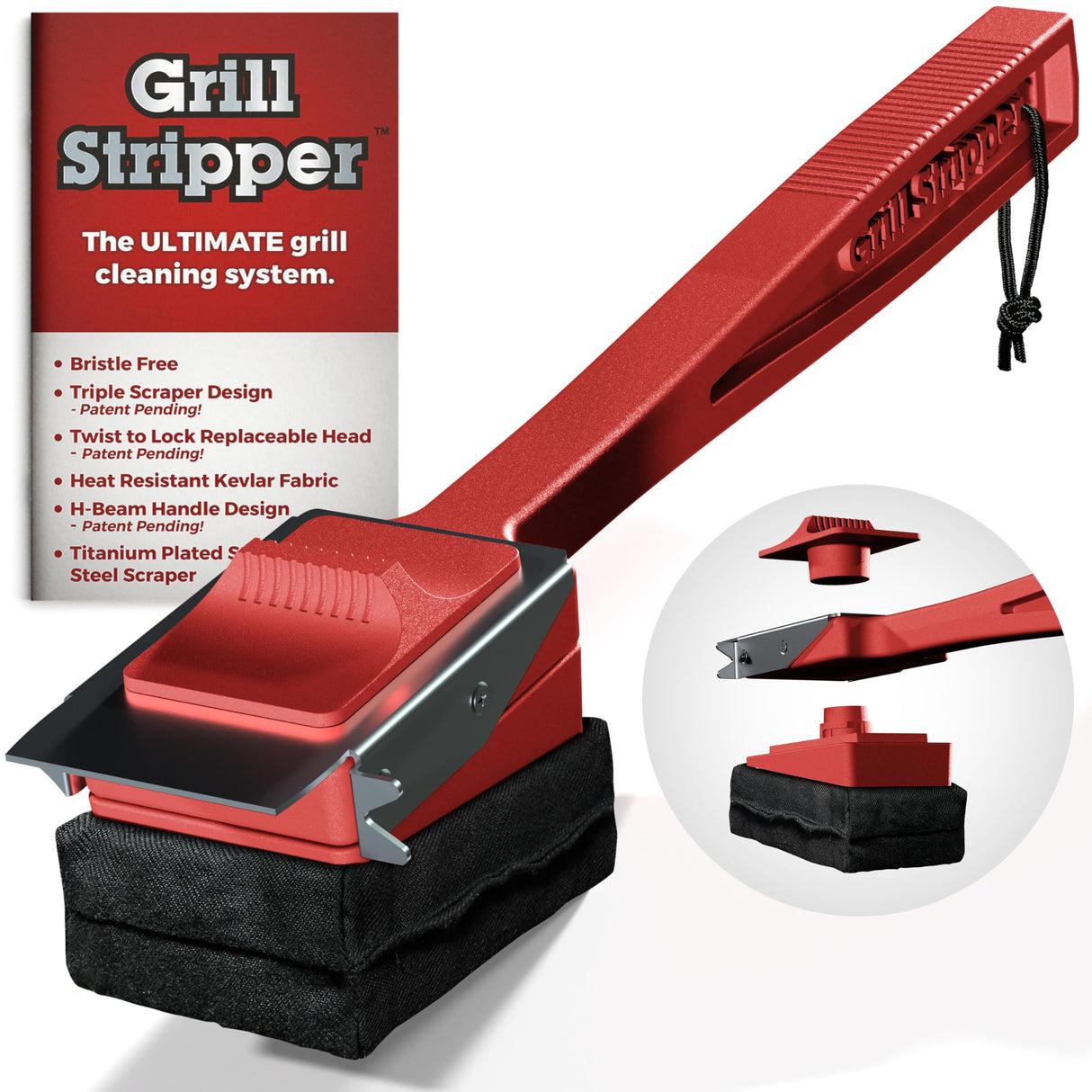 Grill Stripper BBQ Grill Brush – Bristle Free Grill Cleaner for Outdoor Grills with Triple- Grill Scraper, Replaceable Flame-Resistant Kevlar Scrubbing Sponge & Turn-Lock Head Grill Stripper