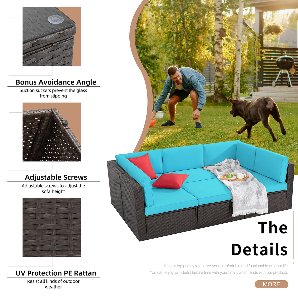 Shintenchi 6 Pieces Patio Furniture Sets Outdoor All-Weather Sectional Patio Sofa Set PE Rattan Manual Weaving Wicker Patio Conversation Set with Glass Table & Ottoman Cushion and Red Pillows, Blue Shintenchi