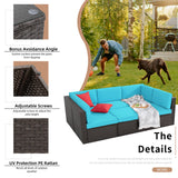 Shintenchi 6 Pieces Patio Furniture Sets Outdoor All-Weather Sectional Patio Sofa Set PE Rattan Manual Weaving Wicker Patio Conversation Set with Glass Table & Ottoman Cushion and Red Pillows, Blue Shintenchi