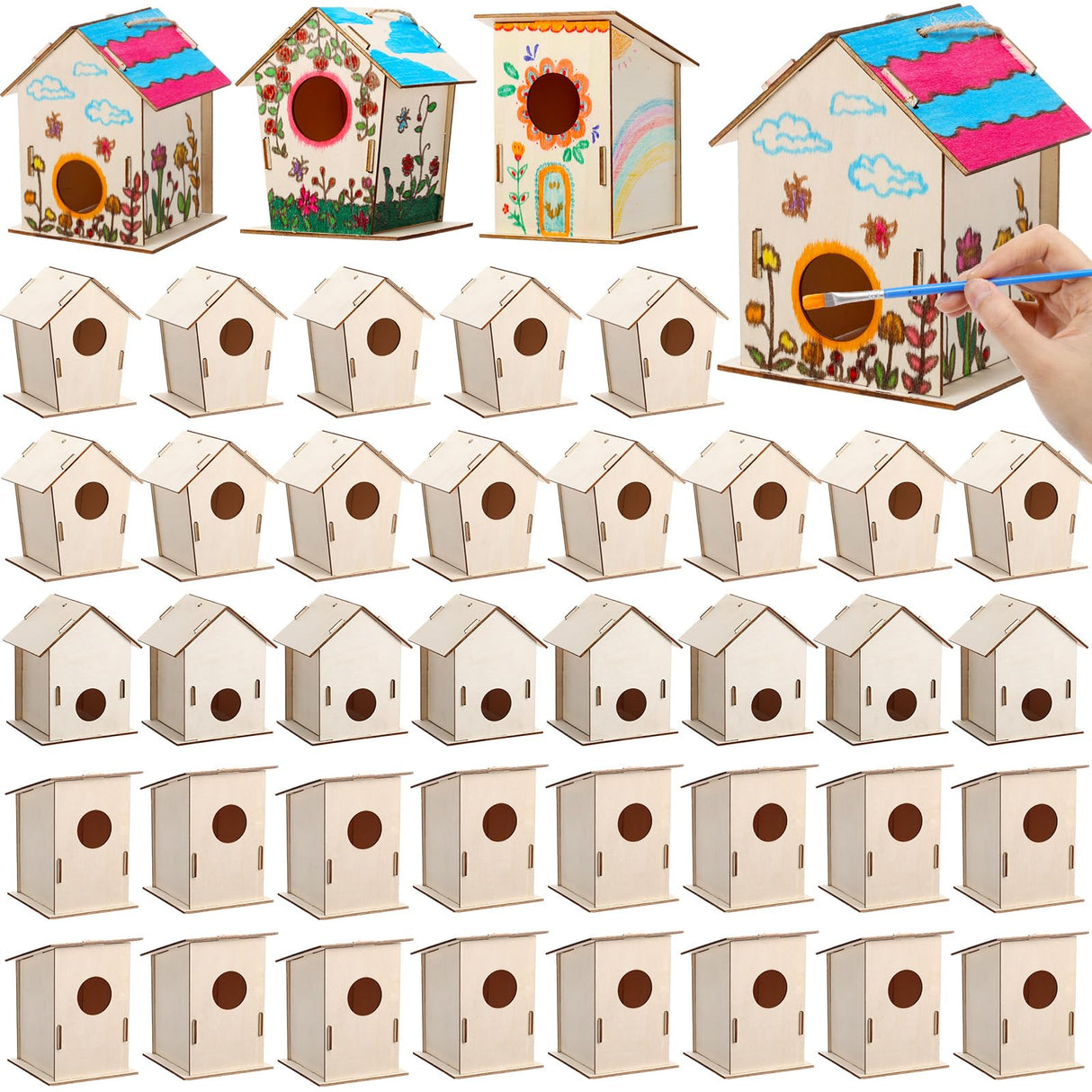 DoubleFill 48 Pcs Bulk Wooden Bird Houses Kits for Kids DIY Bird House Kit Unfinished Wood Birdhouse Wooden Crafts to Paint, Build, and DIY for Boys Girls Crafts Classroom Activity, 3 Styles DoubleFill