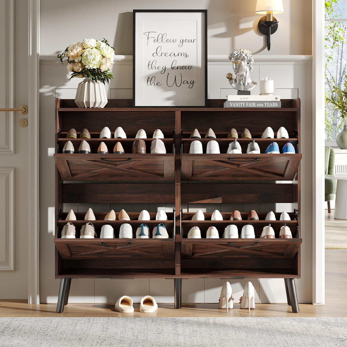 Maupvit Large Shoe Storage Cabinet with 4 Flip Drawers, Narrow Shoe Cabinet for Entryway with Wooden Legs, Freestanding Hidden Shoe Rack Organizer ＆ Metal Hinges, Walnut Maupvit