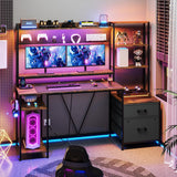 UPOSOJA Gaming Desk with Hutch, 65in Reversible Computer Desk with Power Outlets LED Light, Home Office Desk with Monitor Stand 2 Drawers 4 Storage Shelves Pegboard 8 Hooks Mouse Pad (Brown) UPOSOJA