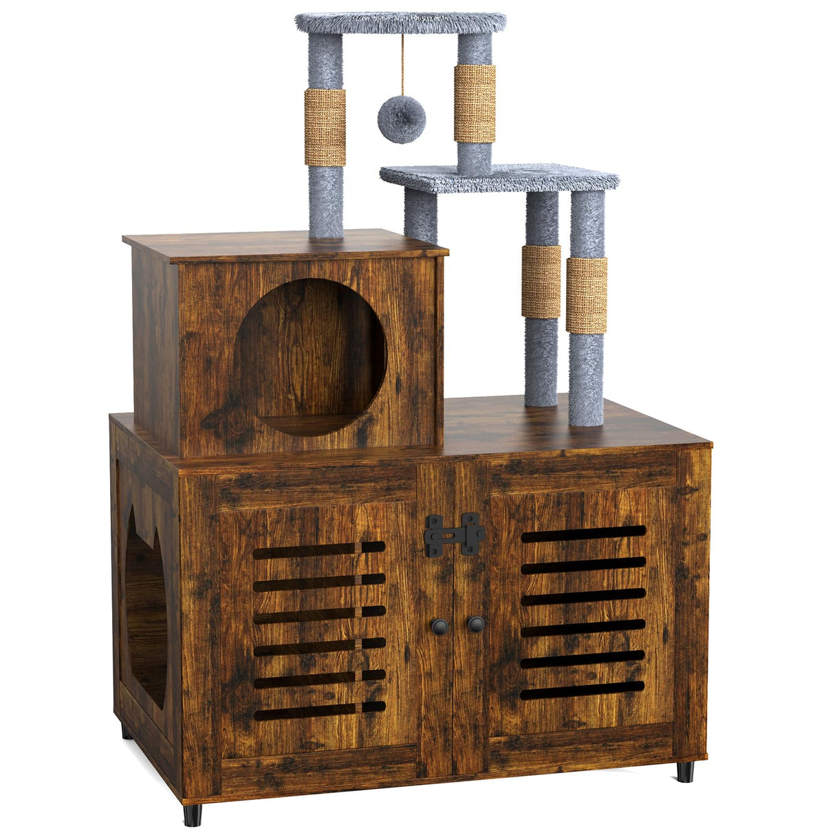 Cat Tree with Litter Box Enclosure, Cat Litter Box Enclosure with Scratching Post and Soft Plush Perch, Hidden Cat Washroom Furniture with Divider, All-in-one Cat Cabinet, Rustic Brown Ryvorbe