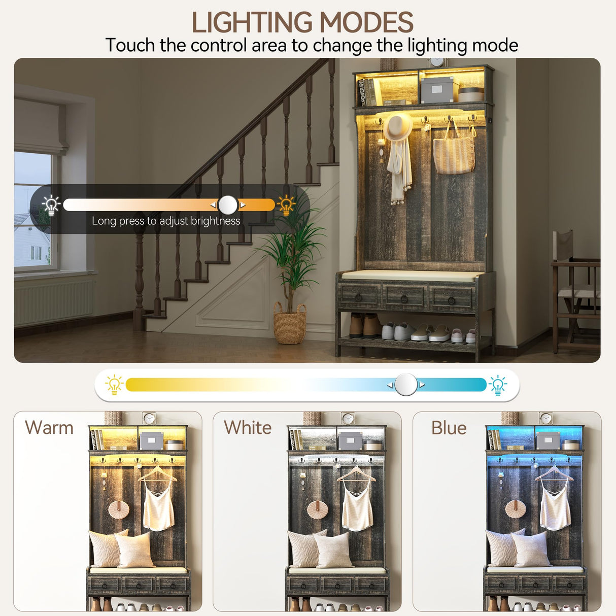 Gurexl 67” Farmhouse Hall Tree with Shoe Storage, Auto Sensor Wood Coat Tree with LED Lights, 3-in-1 Entryway Bench with Coat Rack, Hooks and Drawers for Hallway, Living Room (Dark Rustic Oak) Gurexl