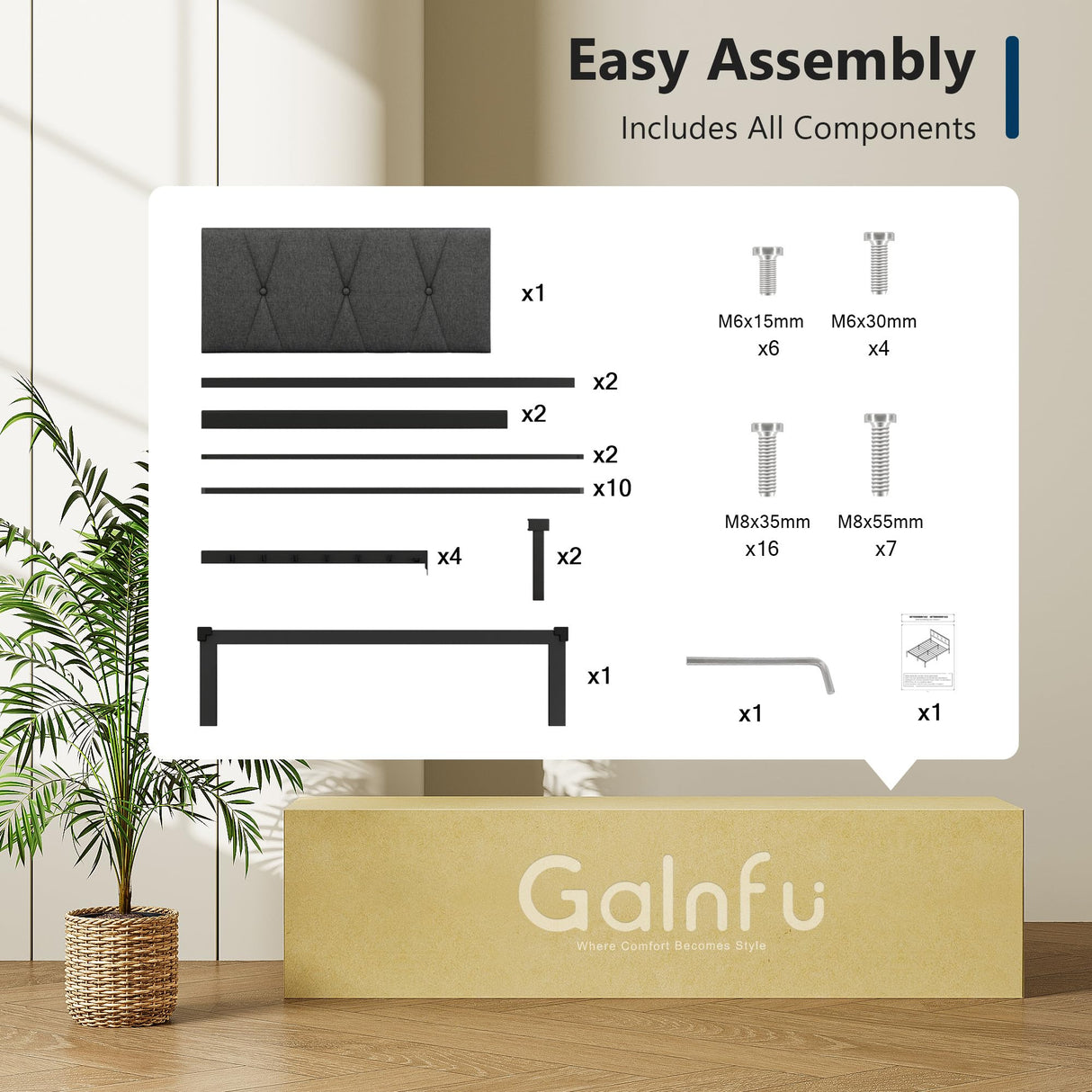 GalnFu Twin Metal Bed Frames, Upholstered Platform Bed Frame with Linen Button Tufted Headboard, No Box Spring Needed, Easy Assembly, Dark Grey GalnFu