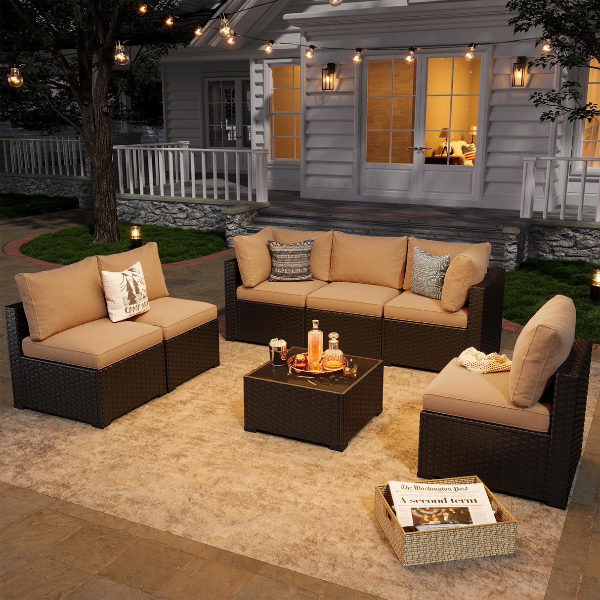 Aoxun 7 Piece Patio Furniture Set Rattan Rattan Patio Sectional Sofa Set Outdoor Seating Furniture with Thickened Cushion, Beige Aoxun