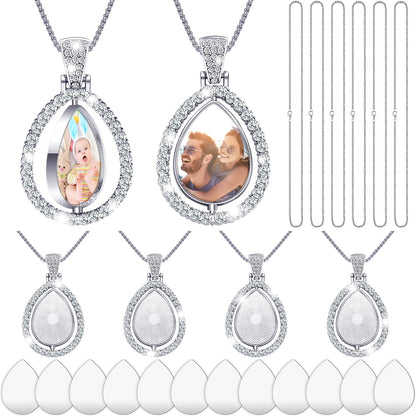 Junkin 24 Pcs Sublimation Rhinestone Trays Pendant Set, Including 6 Double Sided Blank Rhinestone Bezel Trays, 6 Pcs Thick Chains with 12 Sublimation Discs for Making (Multiple Style)