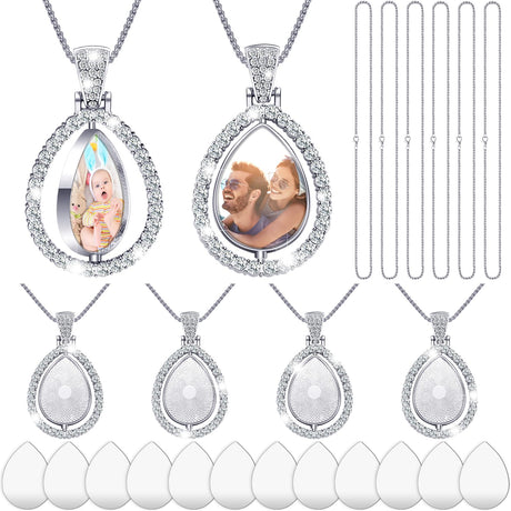Junkin 24 Pcs Sublimation Rhinestone Trays Pendant Set, Including 6 Double Sided Blank Rhinestone Bezel Trays, 6 Pcs Thick Chains with 12 Sublimation Discs for Making (Multiple Style) Junkin