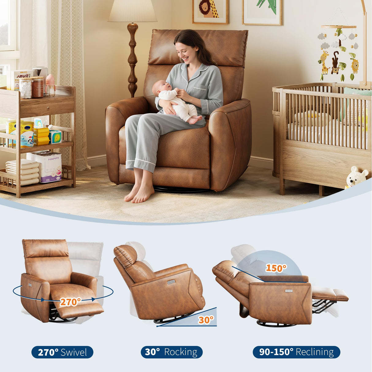 GarveeHome Power Recliner Chair, 270° Swivel Rocking Glider with USB Charging Port, PU Leather Upholstered Fabric, Ergonomic Modern Nursery Chair for Living Room, Bedroom, Nursery (Camel) GarveeHome
