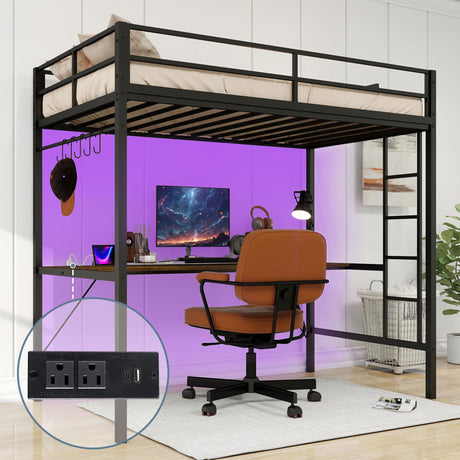 Rotihom Twin Loft Bed with Desk and LED Lights, Twin Size Loft Bed Featuring Charging Station, Renforced Heavy Duty Frame, for Junior and Kids (Brown Board) Rotihom