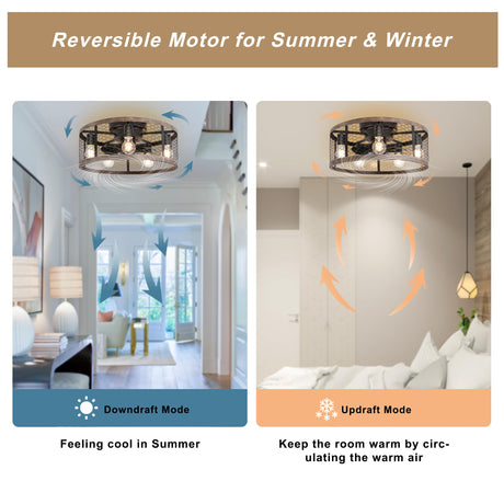 Ohniyou 20'' Flush Mount Caged Ceiling Fan with Lights Remote Control, Farmhouse Rustic Low Profile Small Vintage Enclosed Ceiling Fan Lighting Fixture Bedroom Dining Room Ohniyou