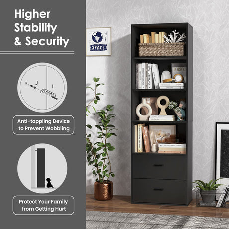 CHEFJOY 4-Tiers Bookcase, 74” Tall Book Shelf Craft Storage Cabinet with 2 Slide Drawers & 4 Open Shelves, Modern Wood Craft Book Shelf for Bedroom, Living Room (Black) CHEFJOY