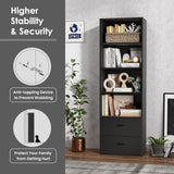 IFANNY 4 Shelf Bookcase with Drawers, Tall Bookshelves and Bookcases, Vertical Bookshelf Tower, Wood Storage Shelves, Modern Book Shelf for Bedroom, Living Room, Home Office (Black) IFANNY