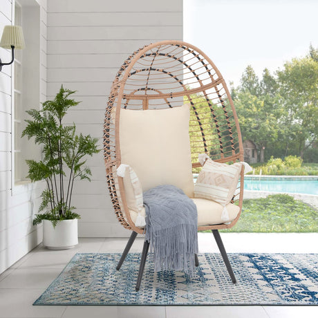JOIVI Wicker Egg Chair, Oversized Indoor Outdoor Lounger Large Egg Basket Chair with Stand and Cushions for Patio Porch, Backyard, Living Room, Balcony (Beige Rattan, Creamy White Cushion) JOIVI
