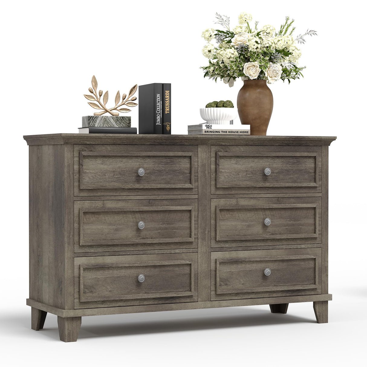 GarveeHome Farmhouse Grey Dresser for Bedroom with 6 Drawer, Double Dresser TV Stand with Vintage Handle, Wide Wood Dressers & Chests of Drawers, 6 Drawer Dressers for Bedroom, Living Room, Hallway GarveeHome