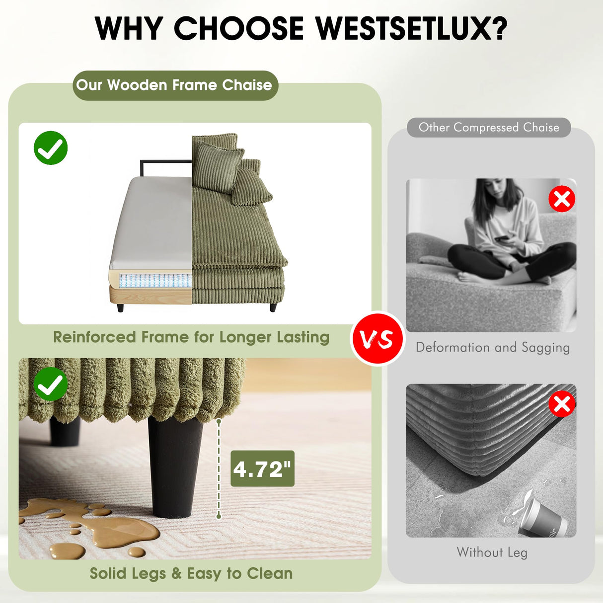 WESTSETLUX 55" W Oversized Chaise Lounge Sofa Couch with 5-Position Adjustable Backrest, Corduroy Sleeper Chair Sofa Bed, Reading Chair ‌with Deep Seat, Cloud Couches for Living Room, Bedroom, Green WESTSETLUX
