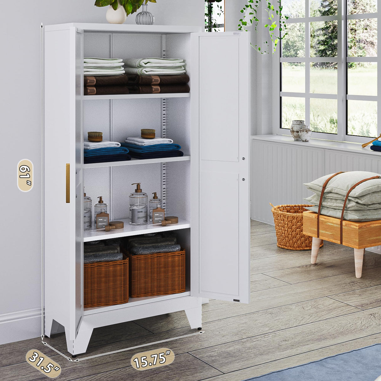 61" Tall Farmhouse Metal Pantry Cabinet, Kitchen Pantry Storage Cabinets with 2 Barn Door and Adjustable Shelves,Metal Pantry Storage Cabinet,for Kitchen,Laundry Room,Home Office,Kids Room (White) Washsemba