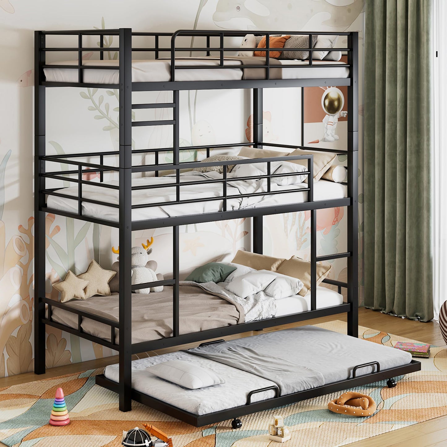 Zyerch Metal Twin Size Triple Bunk Bed with Trundle for 4, Twin Over Twin Over Twin 3 Bunk Beds with 2 Ladders & Guardrails, Convertible to 3 Separate Beds for Kids Teens, Bedroom Homestay, Black