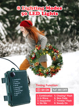 24 Inch Pre-Lit Artificial Christmas Wreath, Battery Operated LED Christmas Wreath with Pine Needles Branches Hari Leaves Red Berry Pine Cones Lighted Wreath for Front Door Wall Windows X-mas Ornament Brightown