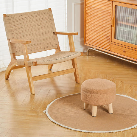 Wimarsbon Storage Ottoman, Modern Round Footrest with Soft Padded Seat, Teddy Velvet Footstool with Wood Legs, Accent Small Table or Plant Stand for Hallway, Living Room (Champagne) Wimarsbon