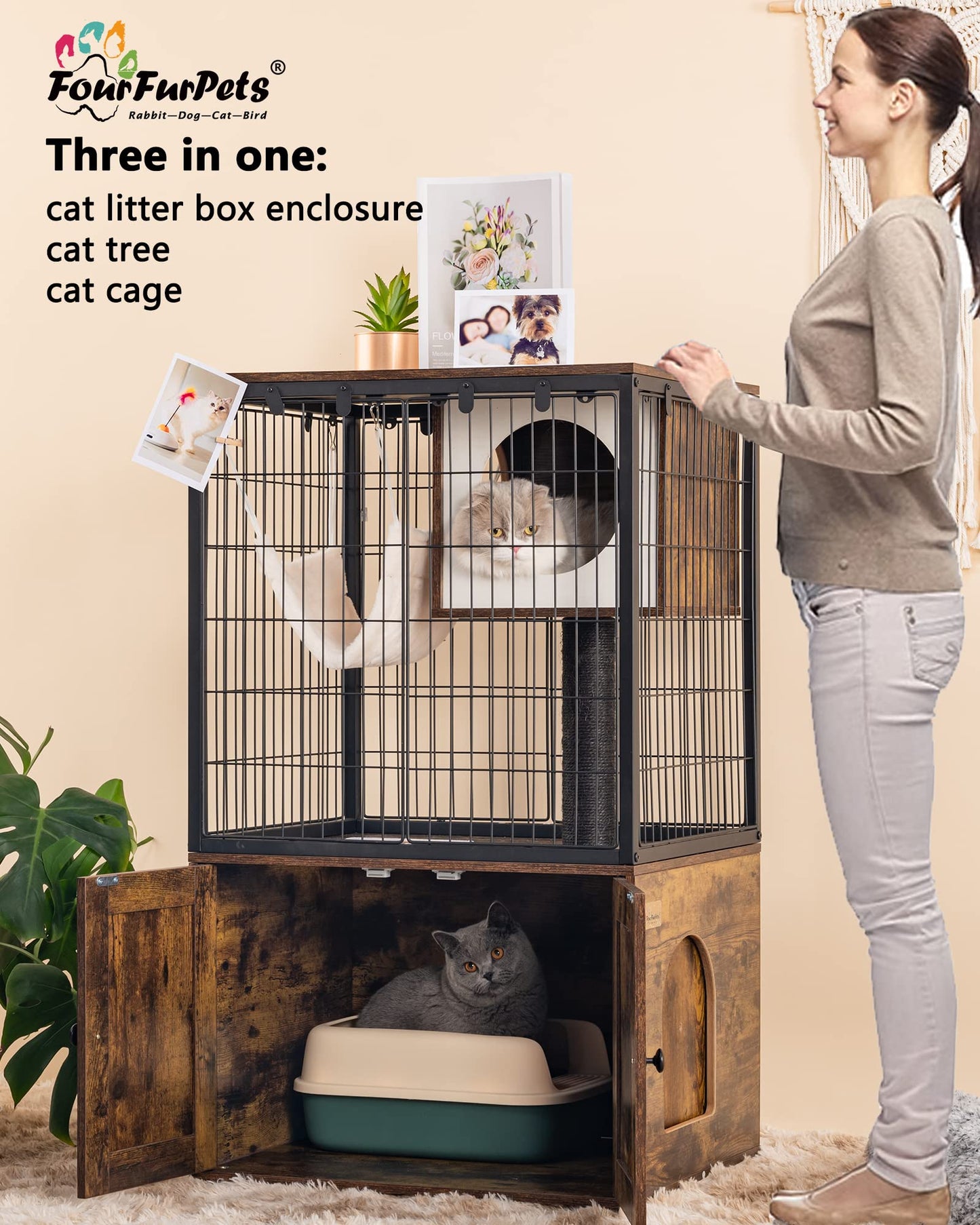 Fourfurpets Cat Litter Box Enclosure, Cat Trees, Wire Cat Cages, All-in-one, Removable and Washable Cushion, Hammock, Natural Sisal Posts, Anti-tip, Height-Adjustable, Rustic Brown - WoodArtSupply