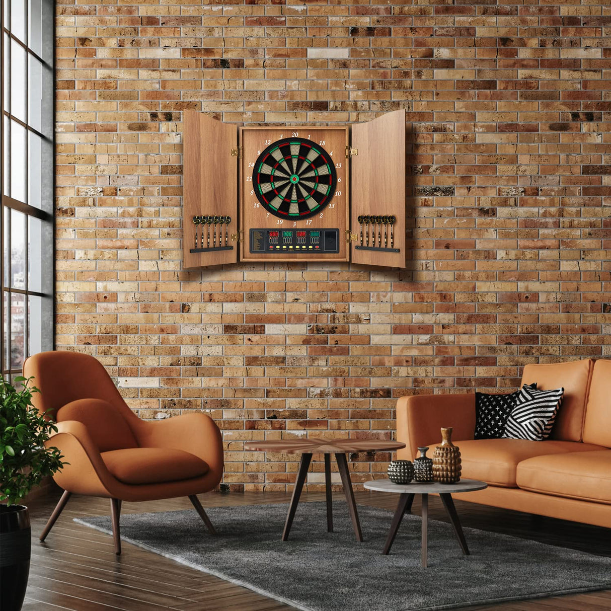 Hanbramo Dart Board, Decorative Dart Board Cabinet Set [12*Soft Tip Darts], Electronic Dart Board - Wooden Cabinet Doors with Integrated Scoreboard for Family Game Rooms [Apricot] Hanbramo