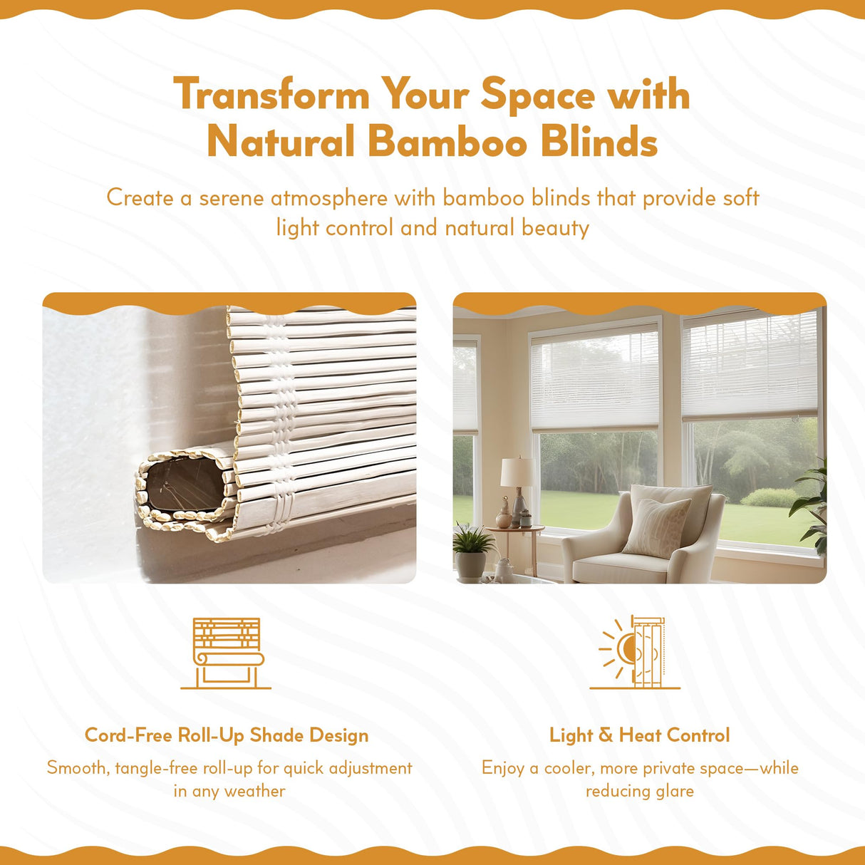 Radiance Cordless Bamboo Roman Shades for Windows - Matchstick Bamboo Blinds for Semi-Private Light Control - Easy to Lift & Fold Up Window Shades - White - 36" W x 64" L - (2215336E) Radiance