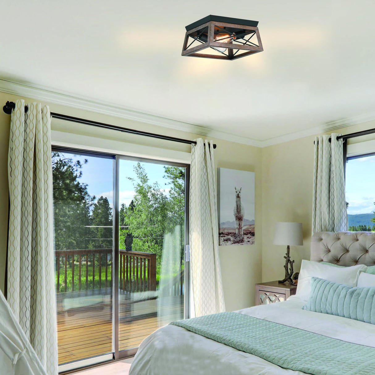 2-Light Black and Wood Flush Mount Ceiling Light with Bronze Wood Grain Farmhouse Ceiling Light for Closet Hallway Entryway Vintage Industrial Cage Light Fixture,E26 Faymart lighting