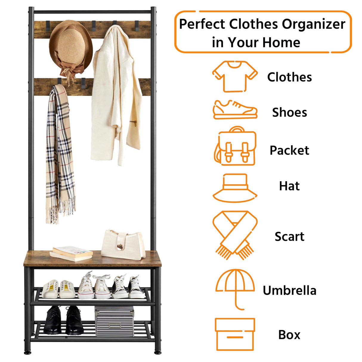Yaheetech 3-in-1 Hall Tree Coat Rack Shoe Bench with 9 Hooks and Storage Shelf, Industrial Entryway Storage Shelf Bench, Easy Assembly, Rustic Brown Yaheetech