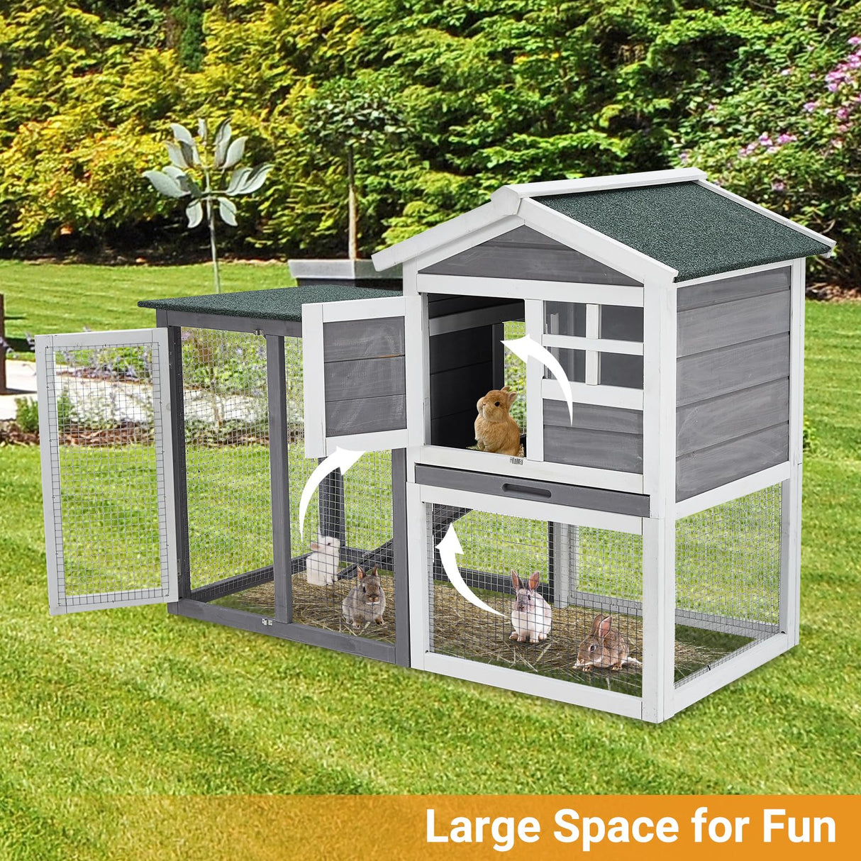 48" Wooden Rabbit Hutch Indoor Waterproof, Chicken Coop, 2 Lockable Doors Bunny Cage Indoor with Weather-Resistant Small House & Open Courtyard, Rabbit Cage Indoor with Wire Fence and Cleaning Tray TROPOW