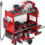 YYR Power Tool Organizer Wall Mount with Charging Station, Cordless Tools Hanger and Battery Storage Rack for Garage Organization, Heavy Duty Drill Holder Shelf Build in Metal Power Strip - Red YYR