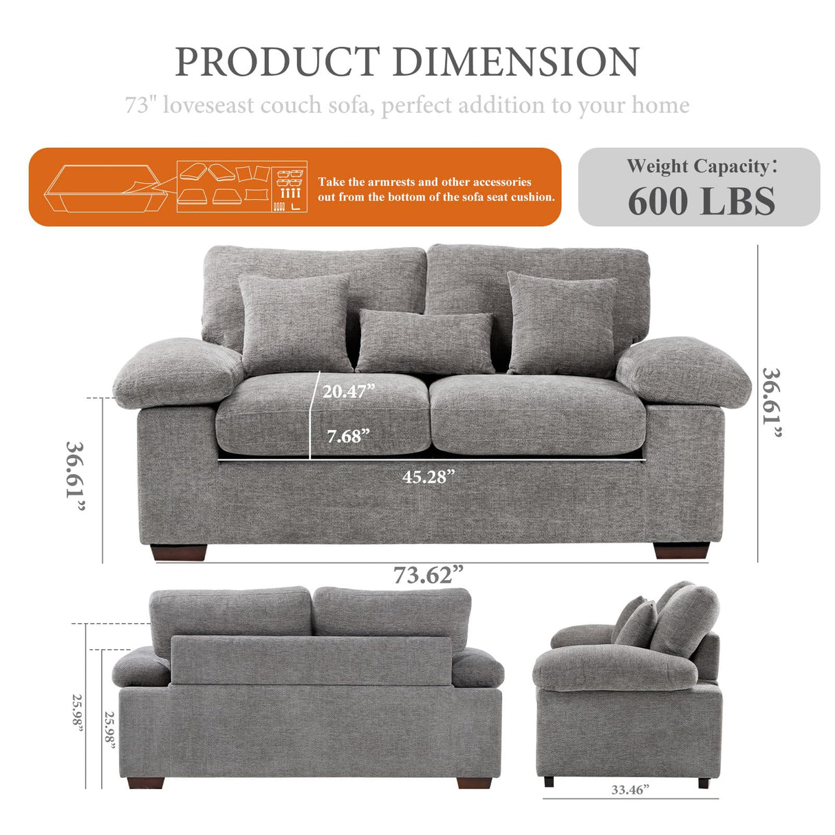 Living Room Loveseat Sofa Couch, 73" Love Seat Couch Sofa, Upholstered Chenille Living Room Sofa with Extra 3 Pillow, Removable Back Cushion-LightGrey COLAMY