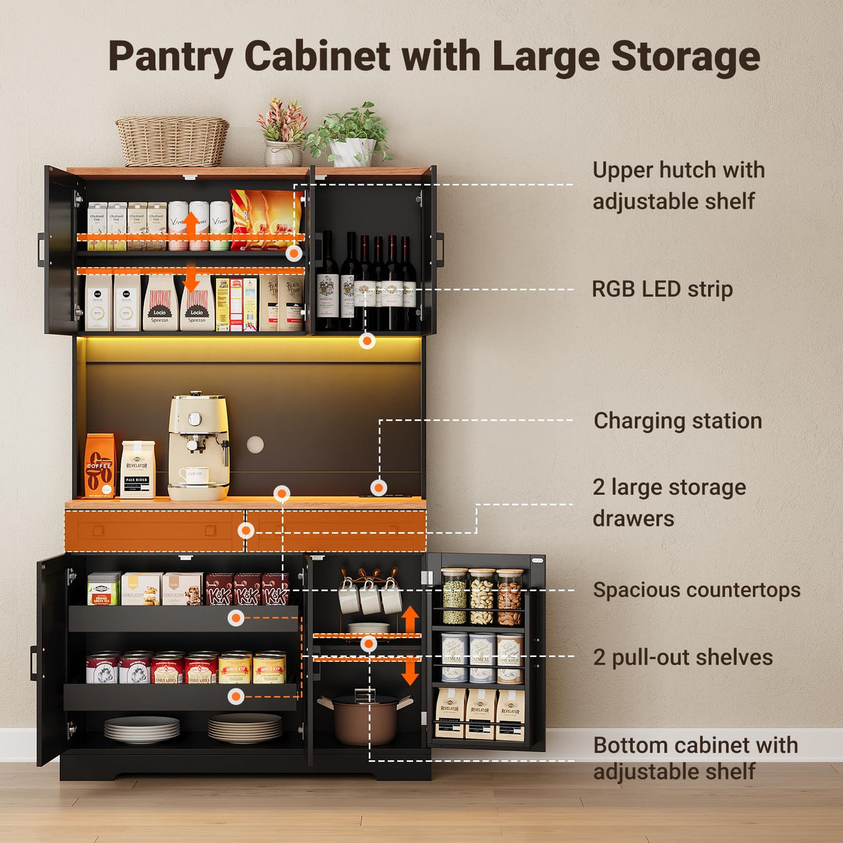 ELYKEN 71" Pantry Cabinet with Charging Station & LED Lights, Tall Kitchen Pantry with Hutch, Microwave Stand, Farmhouse Pantry with Door Shelf & Drawer & Adjustable Shelf for Dining Room, Black ELYKEN