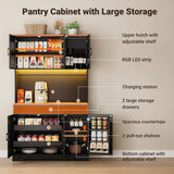 ELYKEN 71" Pantry Cabinet with Charging Station & LED Lights, Tall Kitchen Pantry with Hutch, Microwave Stand, Farmhouse Pantry with Door Shelf & Drawer & Adjustable Shelf for Dining Room, Black ELYKEN