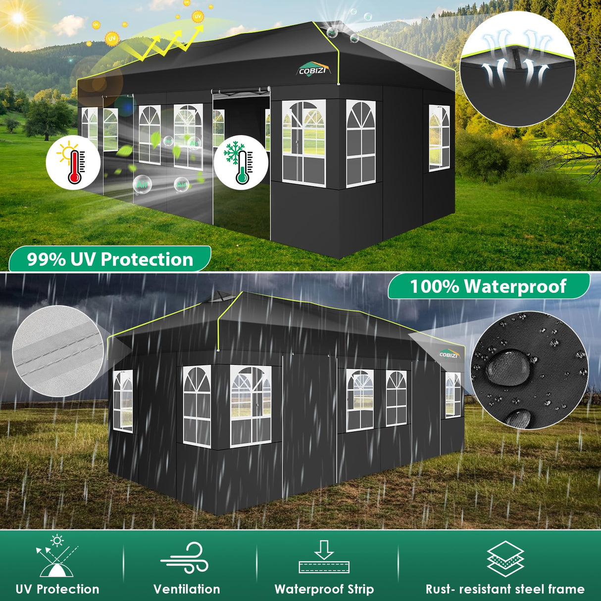 COBIZI 10x20 Pop Up Canopy Tent with 6 Removable Sidewalls, One Push Party Tent Outdoor Waterproof Event Canopy with Air Vent for Parties Commercial Wedding, 3 Height, Carry Bag, Sandbag, Black COBIZI