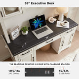 JXQTLINGMU Farmhouse 76" Height Computer Desk with Hutch, Office Desk with Charging Station, Drawers and Storage Cabinet, Workstation for Office Home, Off White JXQTLINGMU