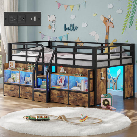 BYSAUD Loft Bed Twin Size, Low Loft Bed with 5 Drawers, 6 Storage Bookcase & Under-Bed Play Space, Twin Kids Loft Beds with LED Lights & Charging Station, 15.8" H Safety Guardrails, Vintage Brown BYSAUD