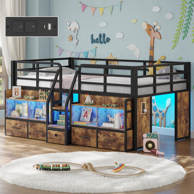 BYSAUD Loft Bed Twin Size, Low Loft Bed with 5 Drawers, 6 Storage Bookcase & Under-Bed Play Space, Twin Kids Loft Beds with LED Lights & Charging Station, 15.8" H Safety Guardrails, Vintage Brown