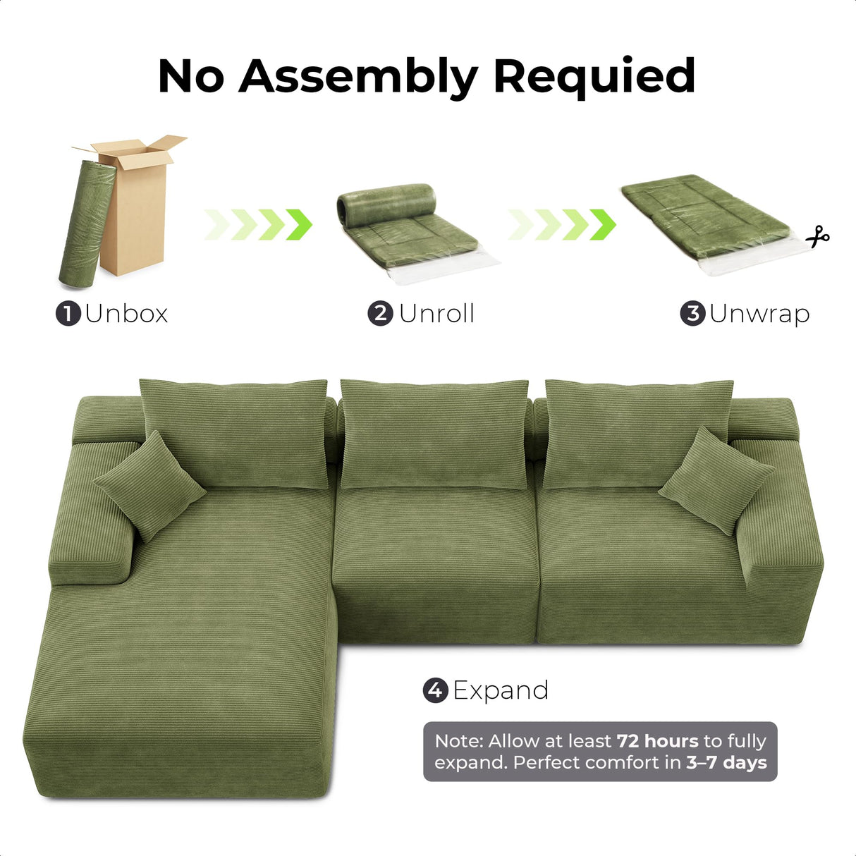LIKIMIO 120" Boneless Couch for Living Room, Deep Seat Comfy Sectional Cloud Couch Sofa with Chaise, L-Shaped Modular Modern Sofa, No Assembly Required, Corduroy Upholstery Green LIKIMIO