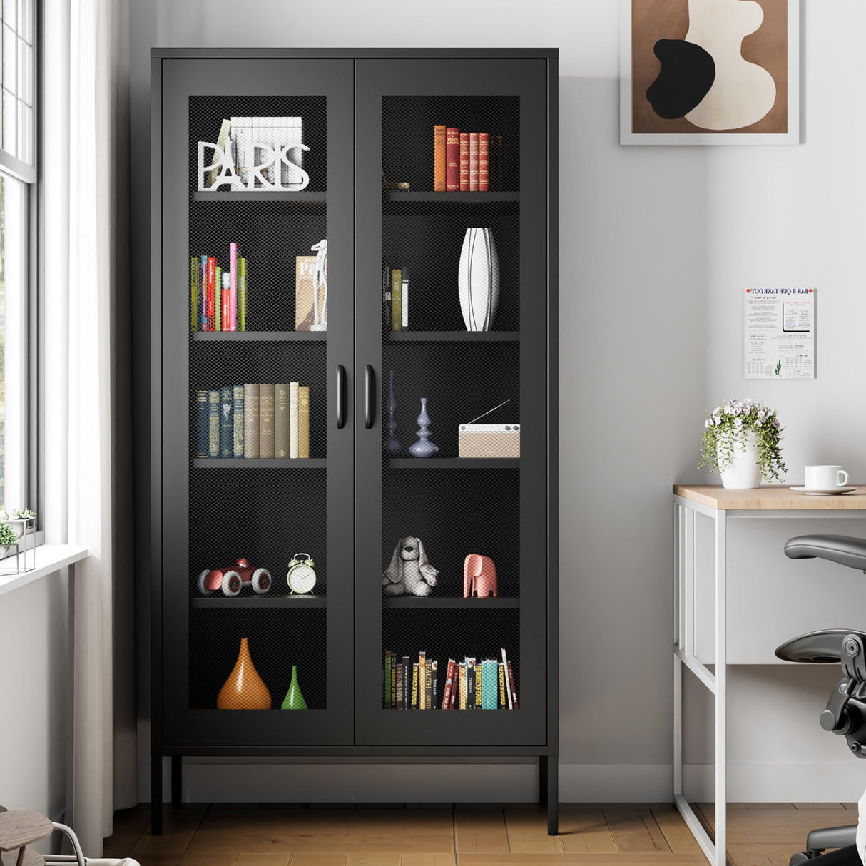 Ustamio 73 Inches Black Metal Storage Cabinet with Mesh Doors, 5 Tier Display Cabinet for Home Office, Metal Kitchen Pantry Storage Cabinet with 4 Adjustable Shelves Ustamio