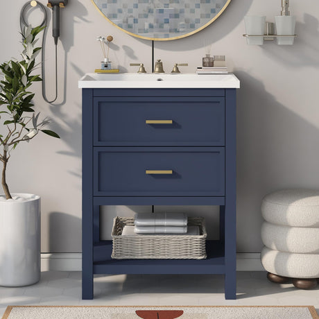 Virubi 24" Bathroom Vanities with Ceramic Single Sink Combo, Modern Undermount Bathroom Sink Cabinet with 2 Drawers & Open Self, Freestanding Bathroom Sink Cabinet (Blue) Virubi